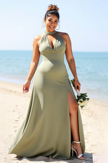 Plus Size A Line Olive Bridesmaid Dress with Slit